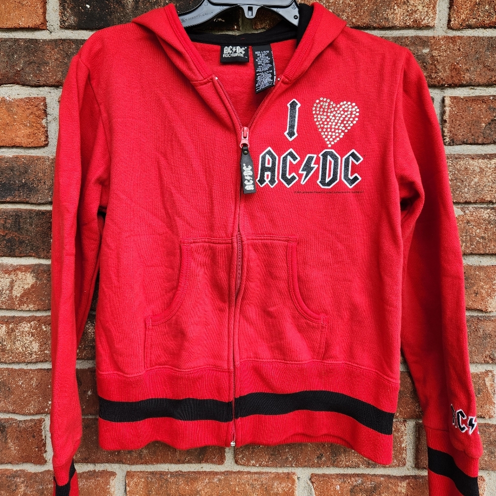 2005 I Love AC/DC Band Hooded Sweatshirt Full Zip Boys Girls Size L 11/13 Red